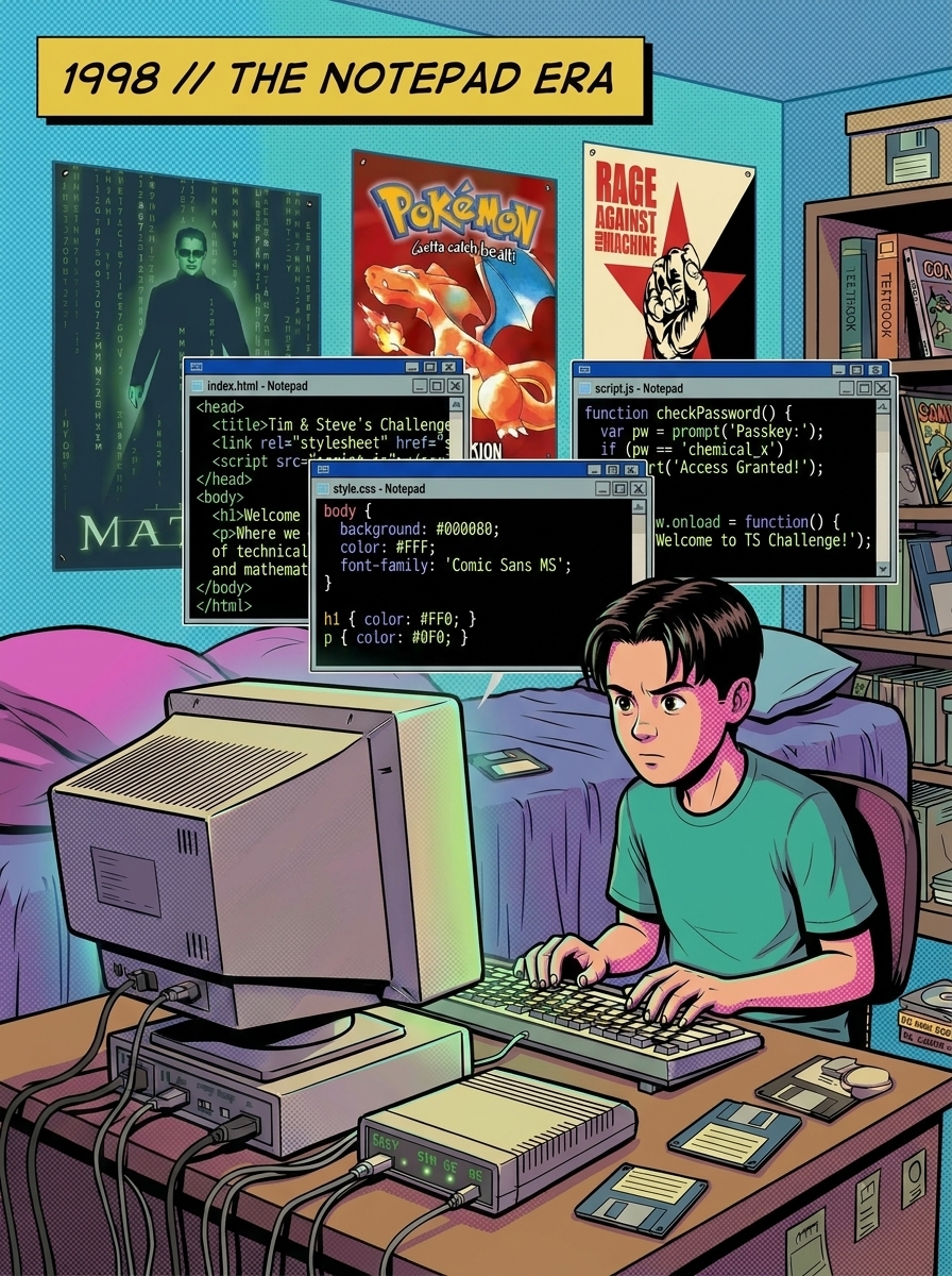 1998 Notepad Era hand-typing HTML on a CRT monitor with posters