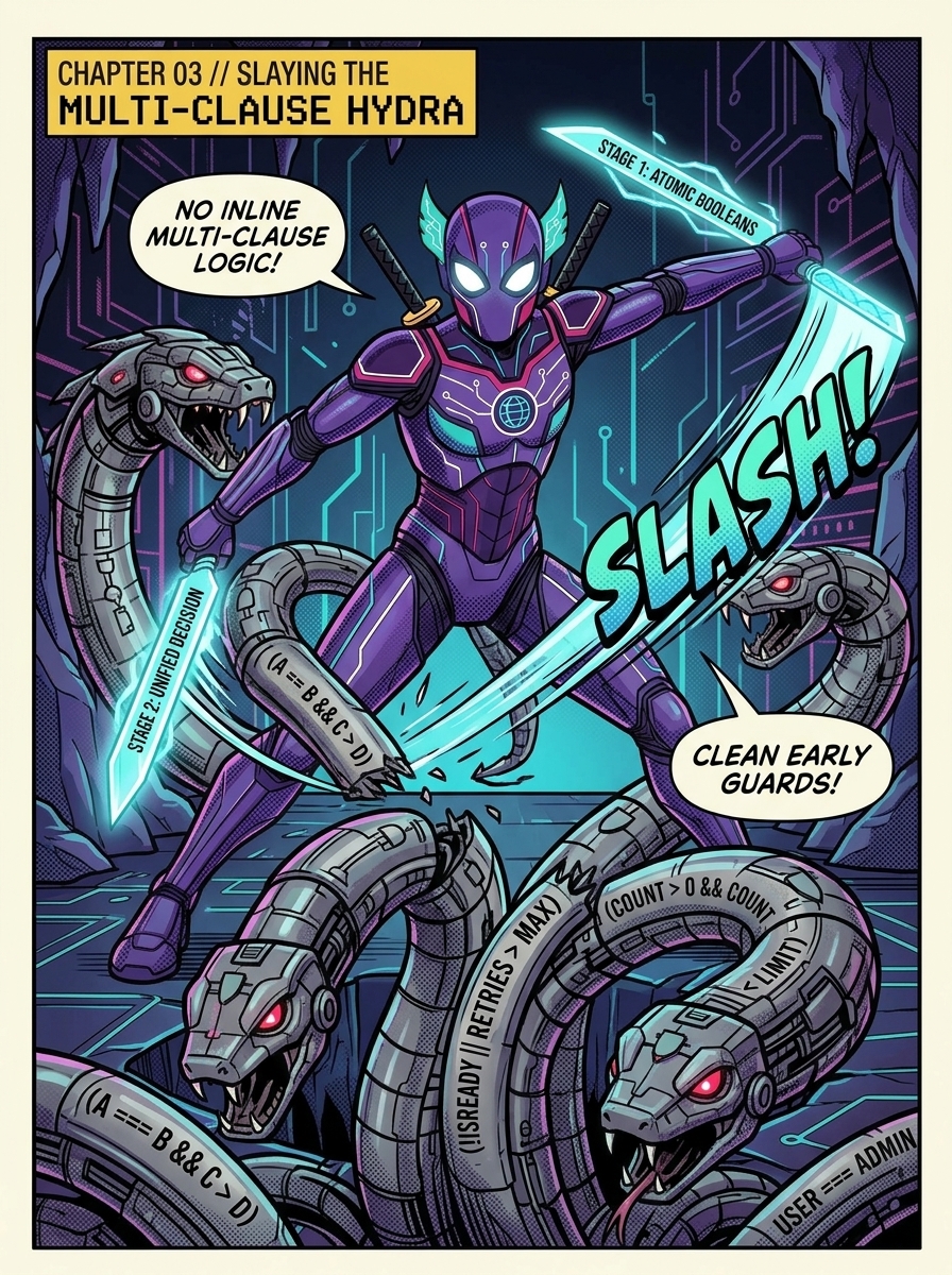 Cyber-mesh hero slicing through a multi-headed tangled boolean condition hydra monster