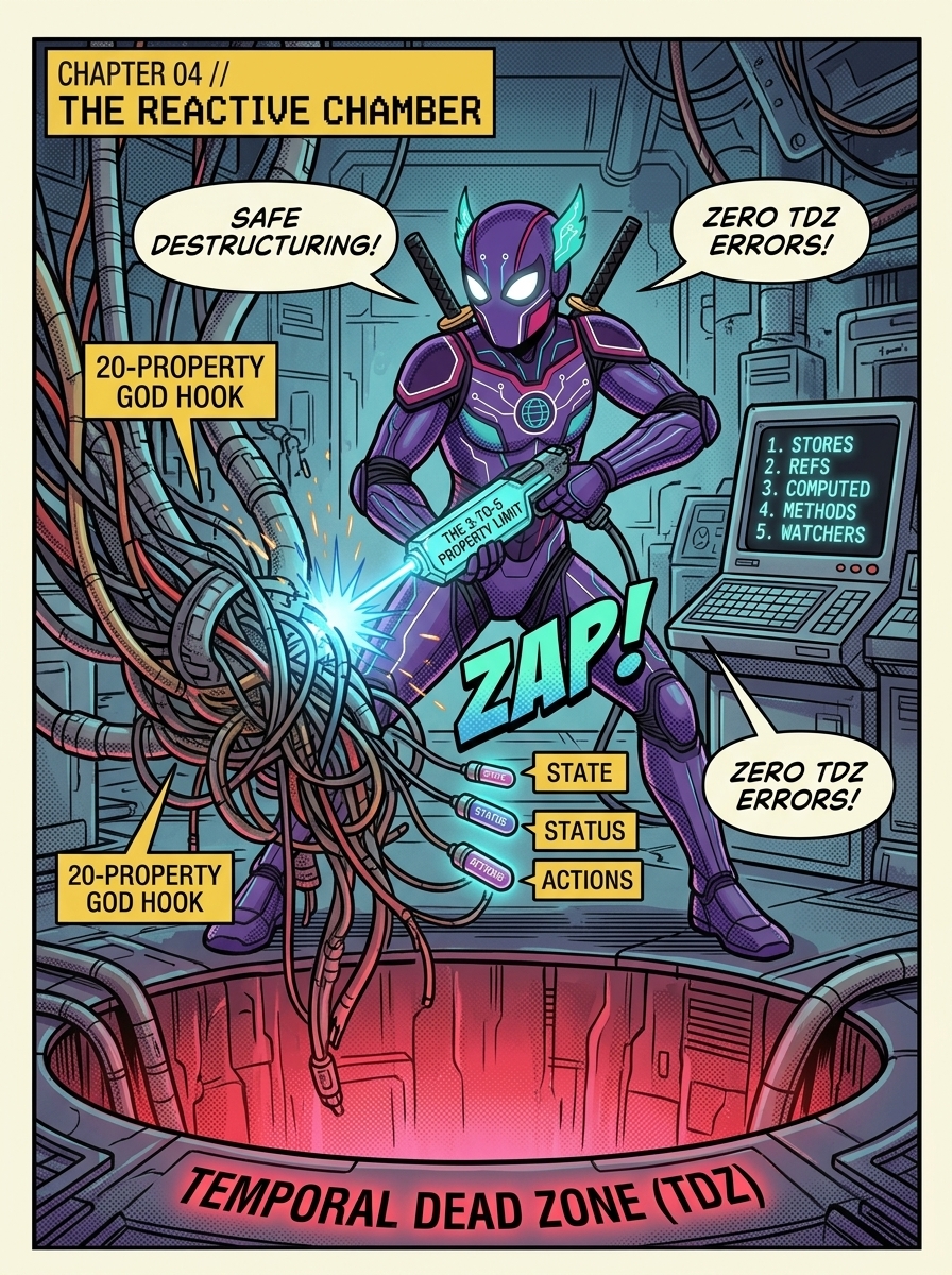 Superhero agent orchestrating reactive energy streams into strict lexical declaration order