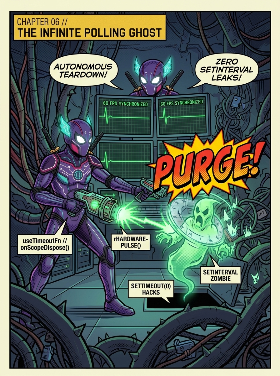 Superhero agent dispelling a runaway ghost timer with self-cleaning composable wards