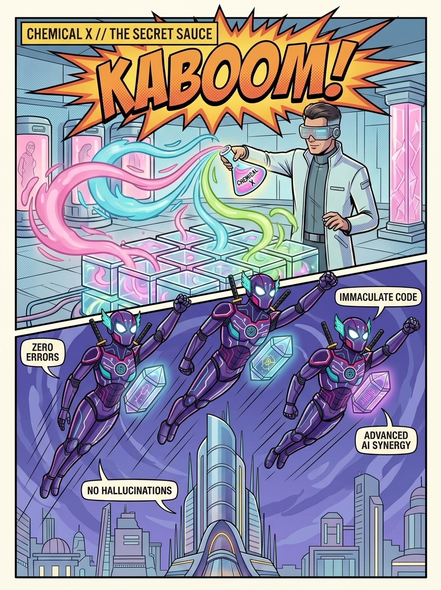 Architect launching a fleet of cyber-mesh superhero AI agents powered by Chemical X rules