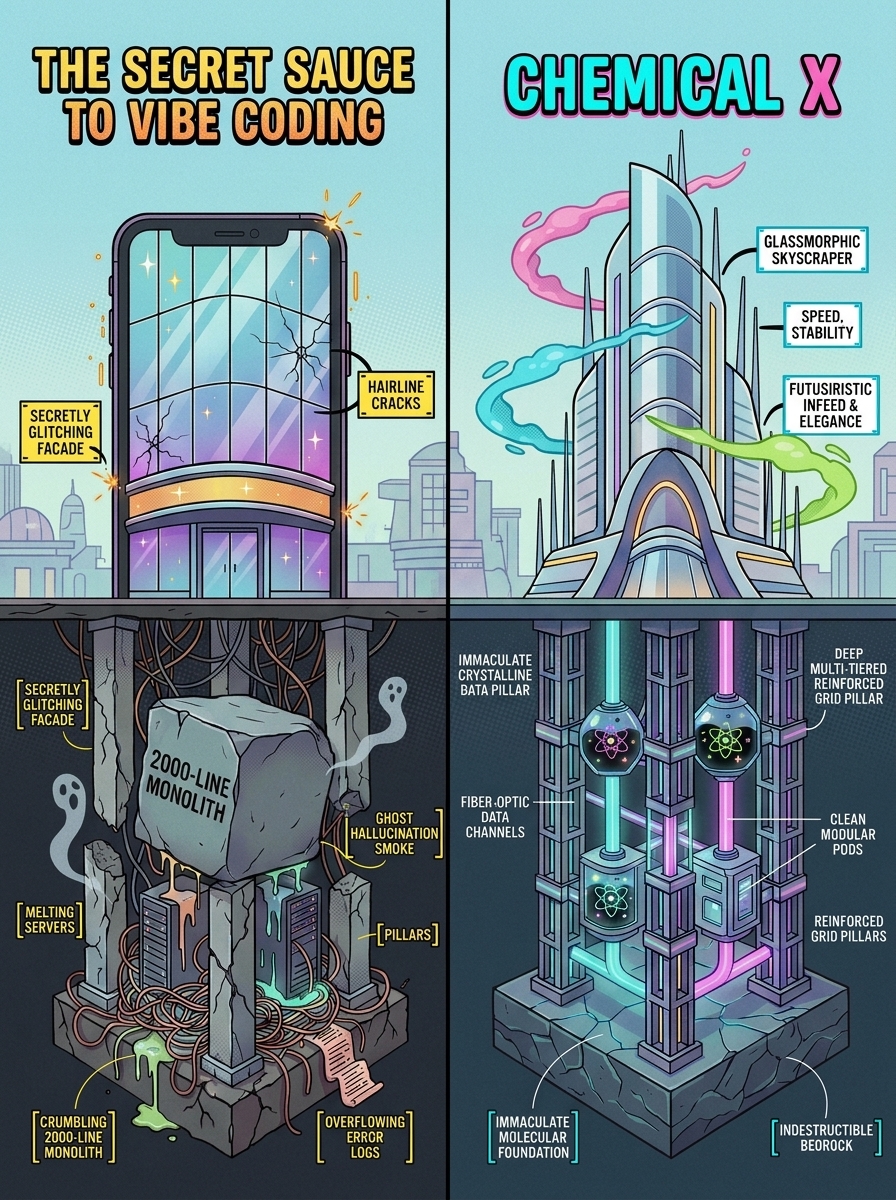 Cutaway comparison of a crumbling 2000-line monolith with ghost hallucinations versus an immaculate glassmorphic skyscraper on indestructible bedrock