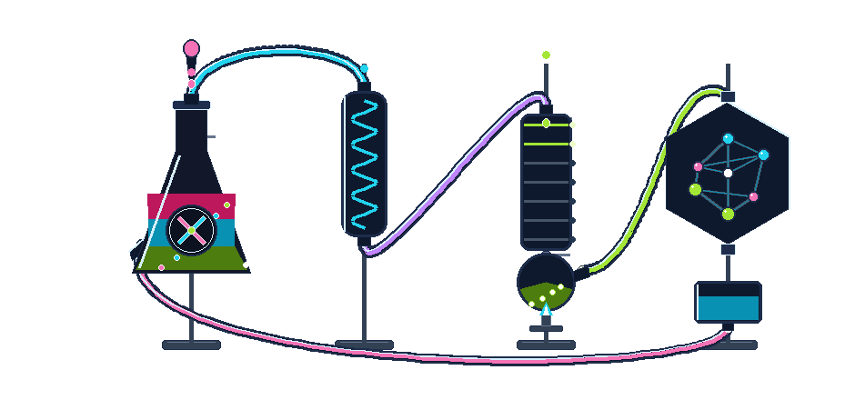 Chemical X Laboratory Animation with transparent background featuring the iconic glowing X flask, organic curved glass tubing, and molecular crystalline synthesis